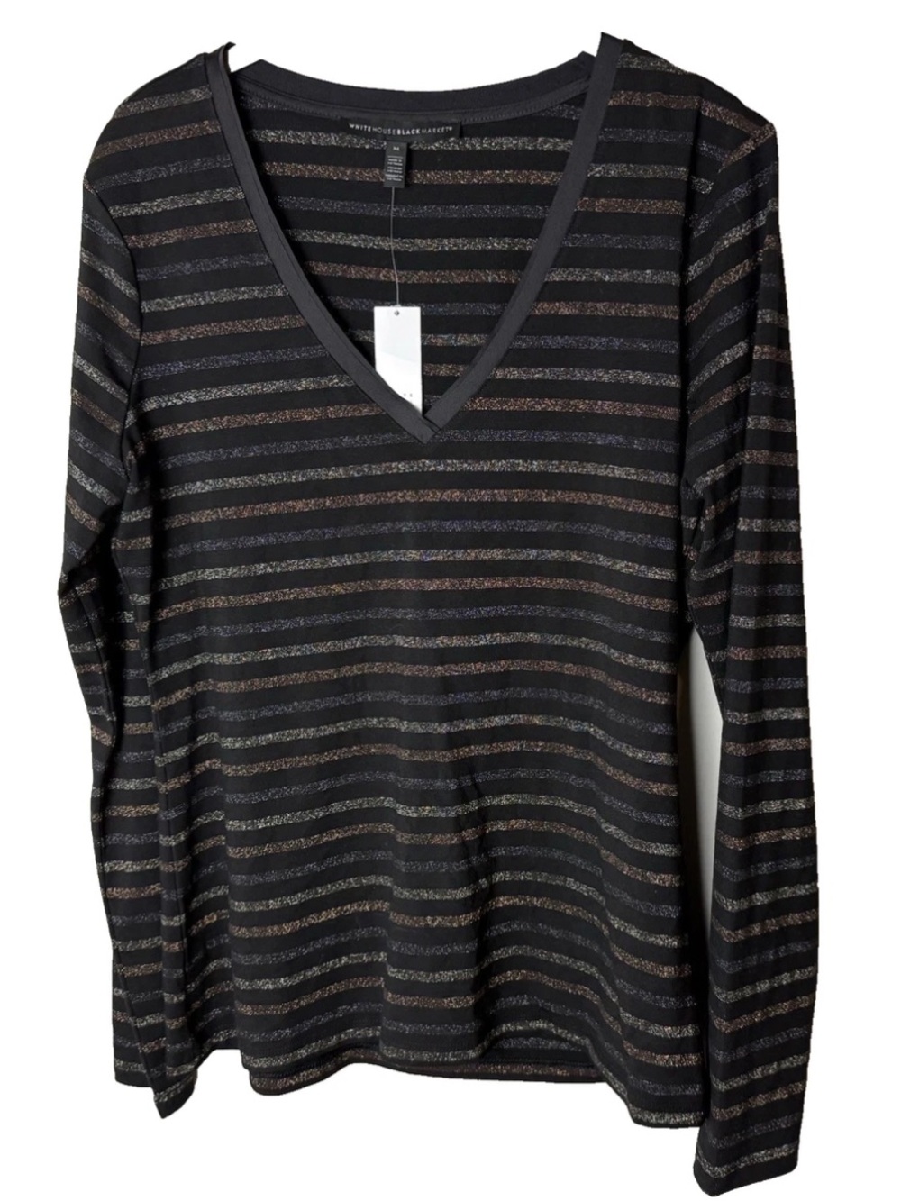 NEW White House Black Market WHBM Top Size Medium Metallic Stripe V-Neck Black